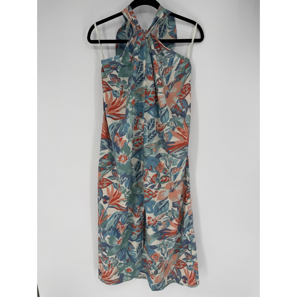 FAHERTY BAY TWIST SEERSUCKER DRESS PARADISE BLOSSOM FLORAL HALTER MIDI SMALL